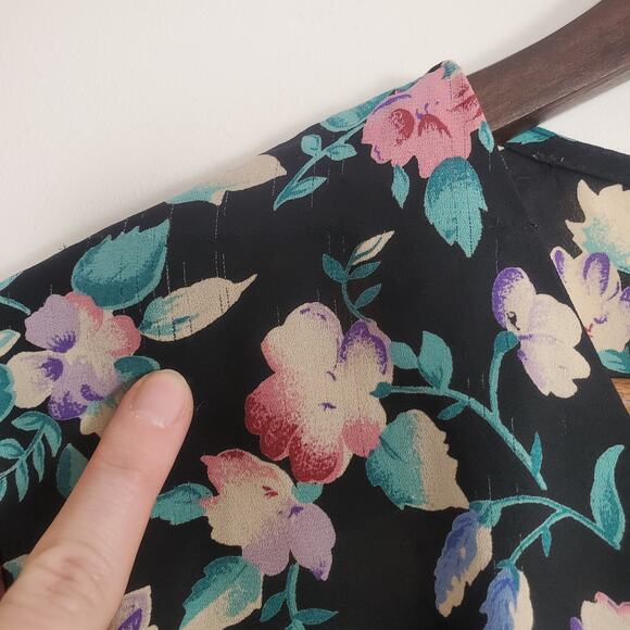 Vintage 80s 90s Floral Blouse Black Large - Picture 9 of 11